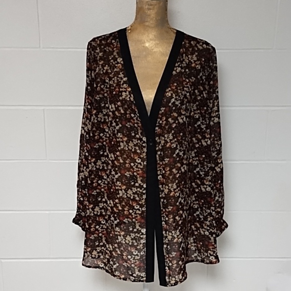 Sag Harbor Flowy Floral Print,1 Button Sheer Cardigan Jacket, Roll Tab Sleeves